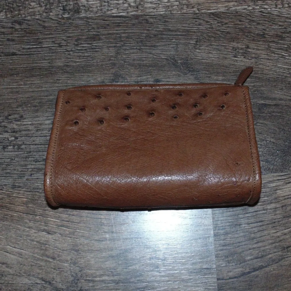 Cece Cord Pouch Womens Small Brown Good Genuine Ostrich Leather Zip Cosmetic Bag